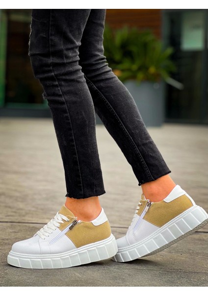 KB-X155 Kuback Beyaz Cilt Bej Süet Detaylı Beyaz Yüksek Taban Günlük Spor Ayakkabı fırsatları
