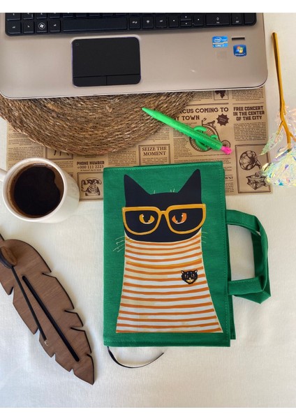 Kedi Baskılı Kitçan Bez Kitap Çantası + 17X24 cm Şamua Defter | 80 Sayfa | Dikimli & Selefon Kapak