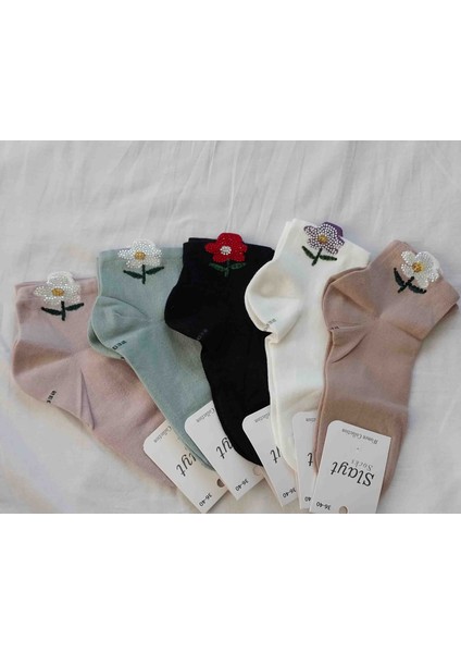 5 Çift 5 Renk Parlak Taşlı Çiçek Desenli Şık Kısa Okul Çorap Seti fiyatları