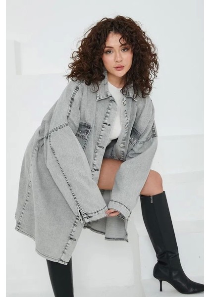 Düz Gömlek Yaka Kadın Gri Kuş Gözü Cepli Kot Ceket fırsatları
