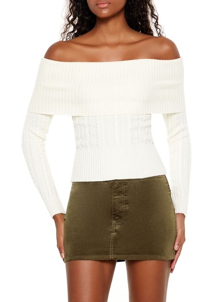 Örgü Desenli Omuz Açık Kazak fiyatları