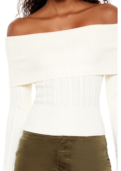 Örgü Desenli Omuz Açık Kazak indirimleri