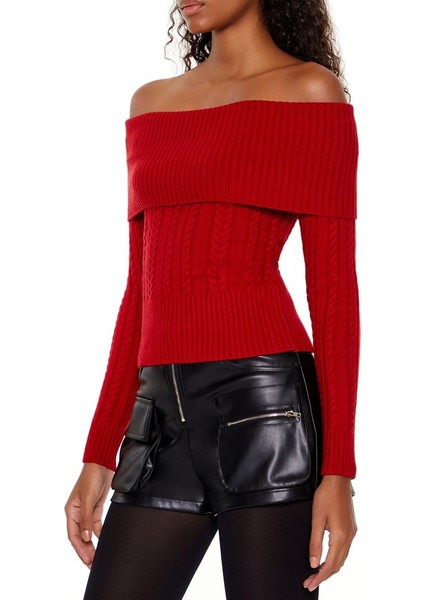 Örgü Desenli Omuz Açık Kazak