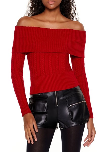 Örgü Desenli Omuz Açık Kazak fiyatları