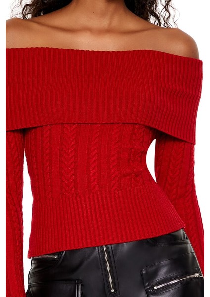 Örgü Desenli Omuz Açık Kazak indirimleri