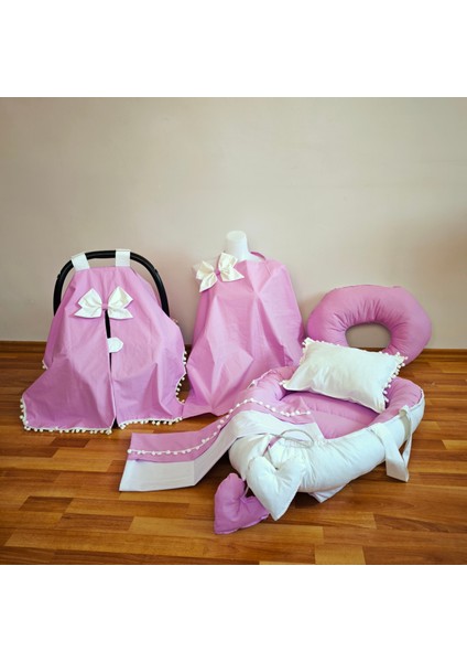 Krem Lila Ponponlu Oval Yataklı 6 Parça Babynest Seti