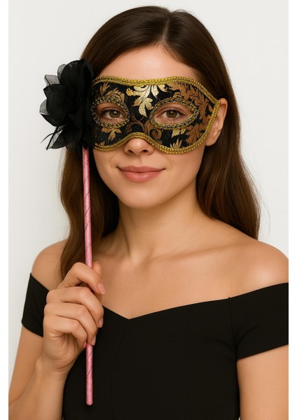 Lüks Taşlı Saplı Maskeli Balo Maskesi Siyah Renk 35 cm (4172)