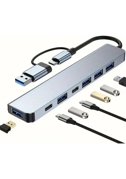 8 In 1 USB Çevirici Notebook Macbook Type-C Uyumlu Görüntü Aktarıcı Hub (4172)