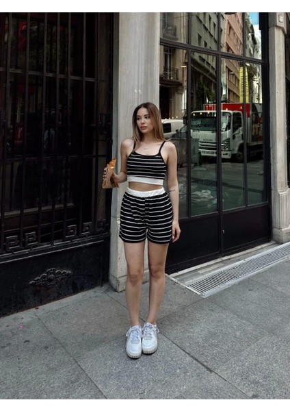 Çizgili Şortlu Takım Siyah S3978 modelleri