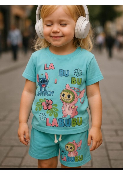 Labubu Baskılı Mavi Kız Çocuk Kız Alt-Üst Takım