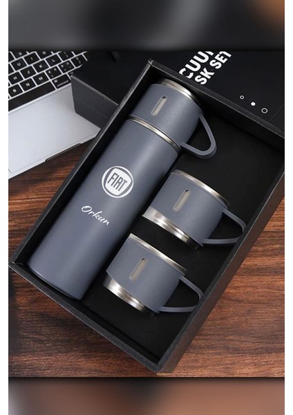 Kişiye Özel 3 Bardaklı 500ML Çelik Araç Baskılı Termos–12 Saat Isı Koruma, Sızdırmaz ve Taşınabilir