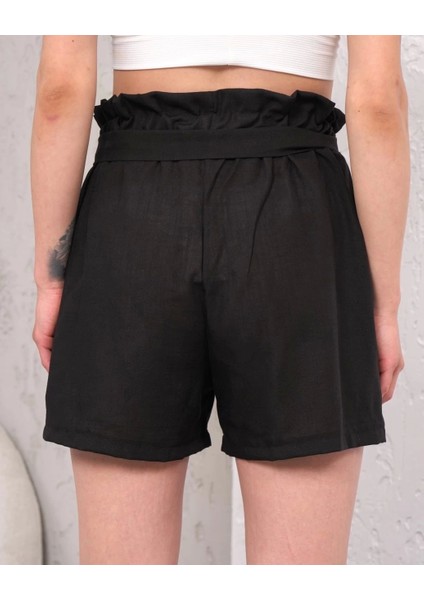 Kuşaklı Keten Şort Siyah S255265 fiyatları