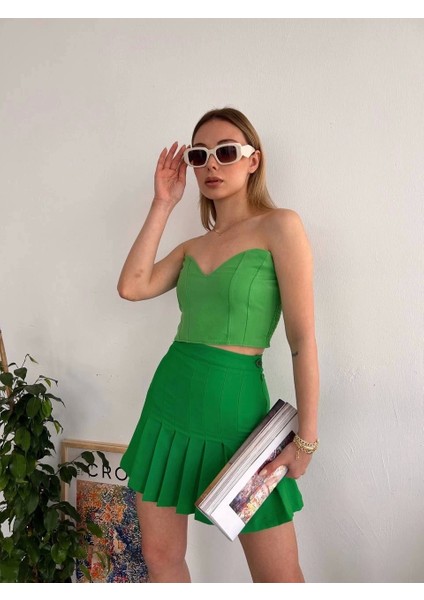 Pileli Düğmeli Etek Açık Yeşil S24811 modelleri