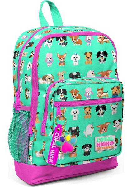 Kids Su Yeşili Köpek Desenli Dört Bölmeli Okul Sırt Çantası 23465