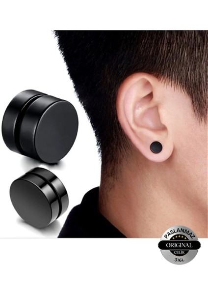 Mıknatıslı Trend Siyah Düz Yuvarlak Kadın Erkek Unisex Çelik Küpe 8mm 2 Adet