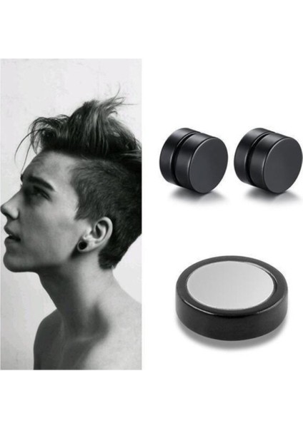 Mıknatıslı Trend Siyah Düz Yuvarlak Kadın Erkek Unisex Çelik Küpe 8mm 2 Adet indirimleri