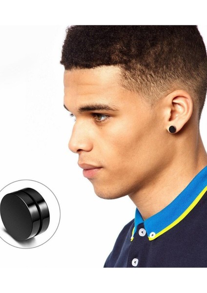 Mıknatıslı Trend Siyah Düz Yuvarlak Kadın Erkek Unisex Çelik Küpe 8mm 2 Adet
