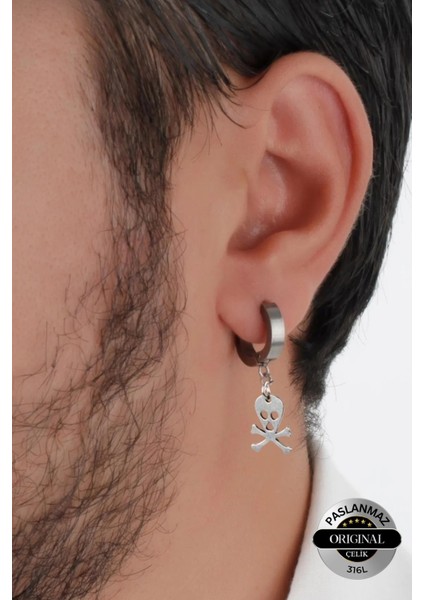 Sıkıştırmalı Trend Mıknatıslı Kuru Kafa Model Sallantılı Erkek 316L Çelik Gri Küpe Ear Cuff 1 Adet