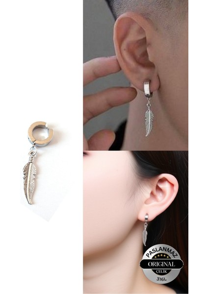 Sıkıştırmalı Trend Tüy Model Sallantılı Erkek Çelik Gri Küpe 1 Adet