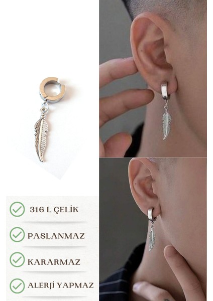 Sıkıştırmalı Trend Tüy Model Sallantılı Erkek Çelik Gri Küpe 1 Adet modelleri