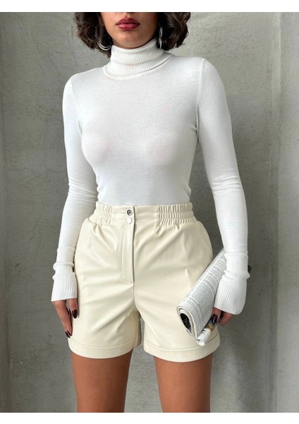 Beli Lastikli Çıtçıtlı Deri Şort Krem W241007 fırsatları