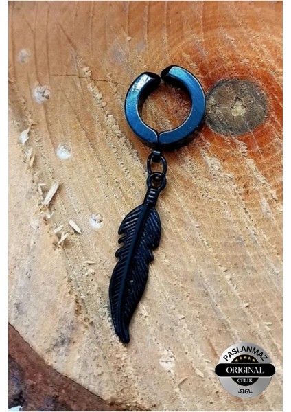 Sıkıştırmalı Trend Tüy Model Sallantılı Erkek Çelik Siyah Küpe 1 Adet