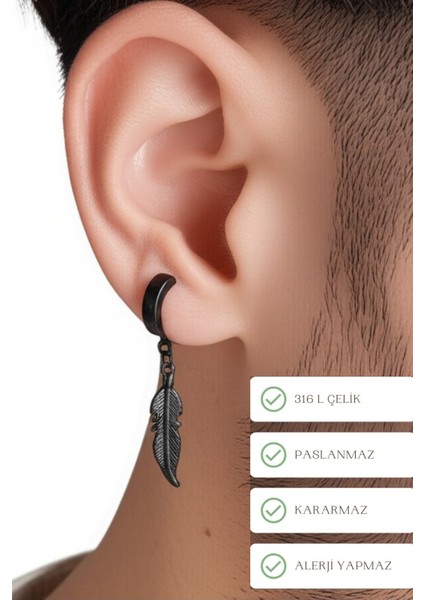 Sıkıştırmalı Trend Tüy Model Sallantılı Erkek Çelik Siyah Küpe 1 Adet fiyatları