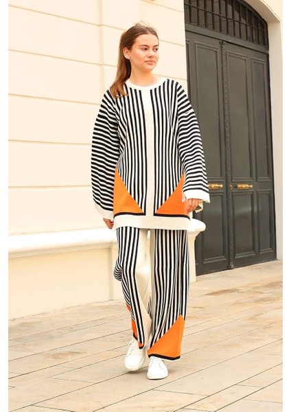 Çizgili Bisiklet Yaka Triko Takım Beyaz fırsatları