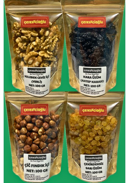 4'lü Atom Okul Seti (4 Çeşit x 100 gr - Çiğ Fındık, Ceviz, Kara Üzüm, Sarı Üzüm)
