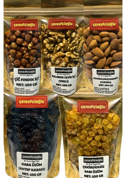 5'li Atom Okul Seti (5 Çeşit x 100 gr - Badem, Çiğ Fındık, Ceviz, Kara Üzüm, Sarı Üzüm)