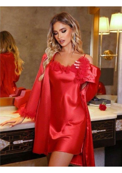 Secretsita Kırmızı Püsküllü Ince Askılı Saten 2li Gecelik Sabahlık Takımı fiyatları