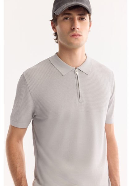 Erkek Gri Polo Yaka Fermuarlı Rayon Tüylenmeyen Triko Regular Fit T-Shirt A52Y5006