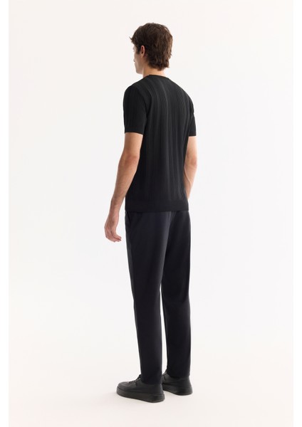 Erkek Siyah Bisiklet Yaka Rayon Tüylenmeyen Çizgili Triko Regular Fit T-Shirt A52Y5005