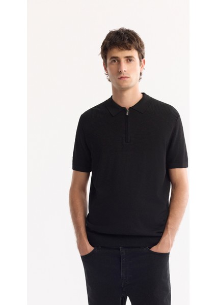 Erkek Siyah Polo Yaka Fermuarlı Rayon Tüylenmeyen Triko Regular Fit T-Shirt A52Y5006 fiyatları