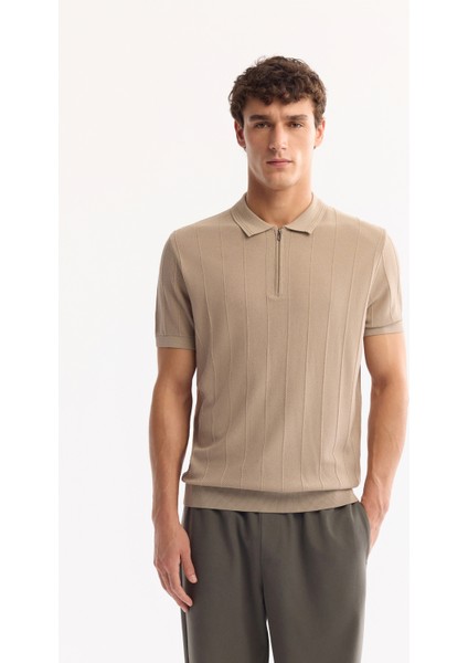 Erkek Vizon Polo Yaka Fermuarlı Rayon Tüylenmeyen Çizgili Triko Regular Fit T-Shirt A52Y5010