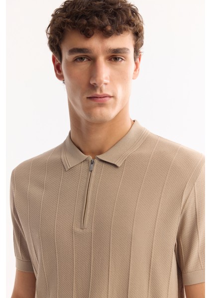 Erkek Vizon Polo Yaka Fermuarlı Rayon Tüylenmeyen Çizgili Triko Regular Fit T-Shirt A52Y5010 fiyatları