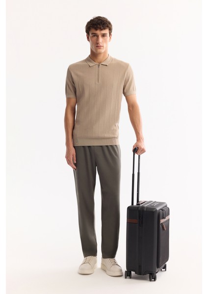 Erkek Vizon Polo Yaka Fermuarlı Rayon Tüylenmeyen Çizgili Triko Regular Fit T-Shirt A52Y5010