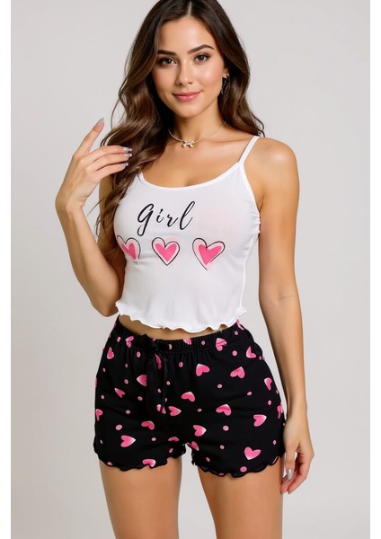 Kalp Desenli Askılı Şortlu Pijama Takımı fiyatları