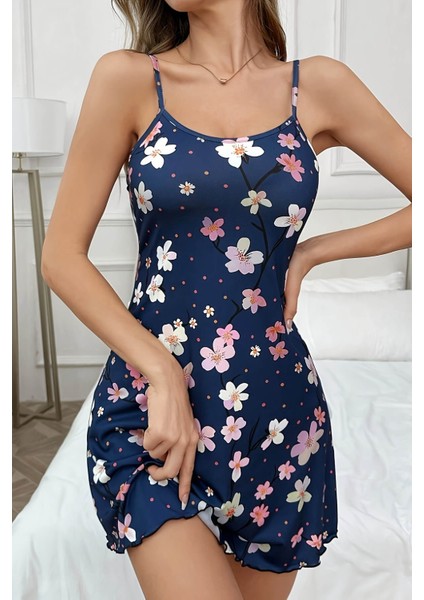 Çiçek Desenli Mavi Askılı Gecelik