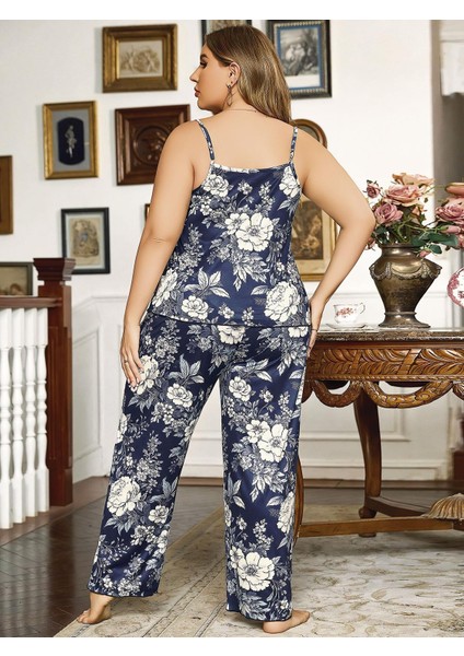 Secretsita Büyük Beden Çiçek Desenli Ince Askılı Lacivert 2li Takım fiyatları