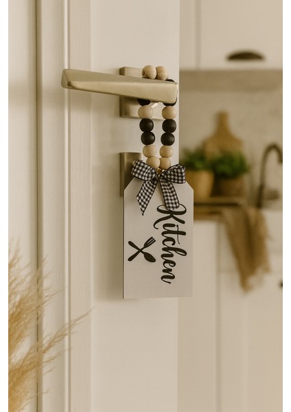 Dekoratif Boncuklu "kitchen" Yazılı Tuvalet Banyo Kapı Kolu Aksesuarı Ahşap Hediyelik Süs (Mutfak)