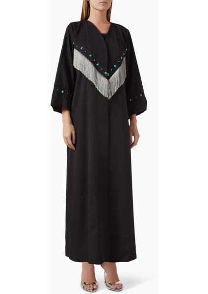 Şıklığı Yansıtan Süslemeli Fringeli Abaya ve Sheila Takımı