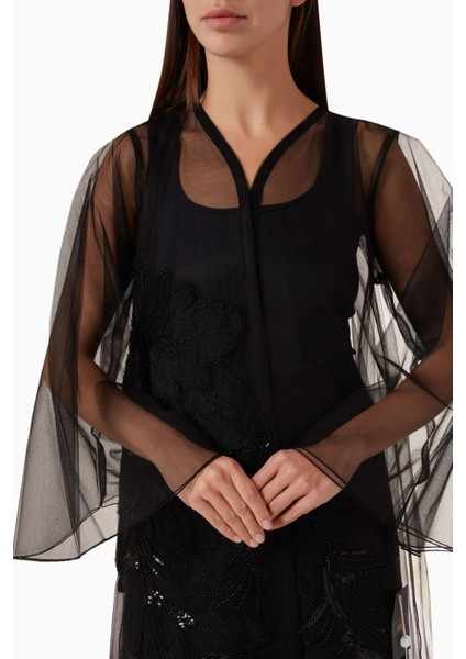 Şık Tül Abaya ile Ramazan'ı Zarafetle Kutlayın, Simli Detaylar ve Fırfırlı Dikişler ile Büyüleyin indirimleri