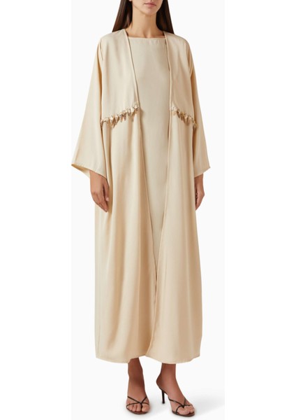 Bead Detaylı Üç Parçalı Abaya ve Elbise Seti Rahat ve Şık Tasarım