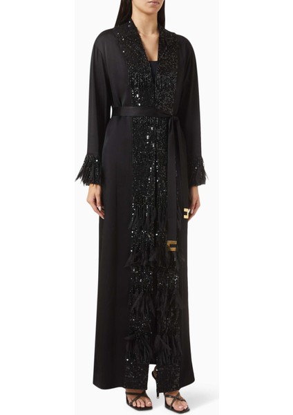 Şık Ipek Kaftan Elbise Dantel Işlemeli Uzun Kollu ve Metal Kemerli Tasarım