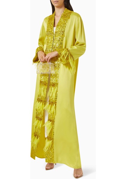 Şık Ipek Kaftan Elbise Dantel Işlemeli Uzun Kollu ve Metal Kemerli Tasarım indirimleri