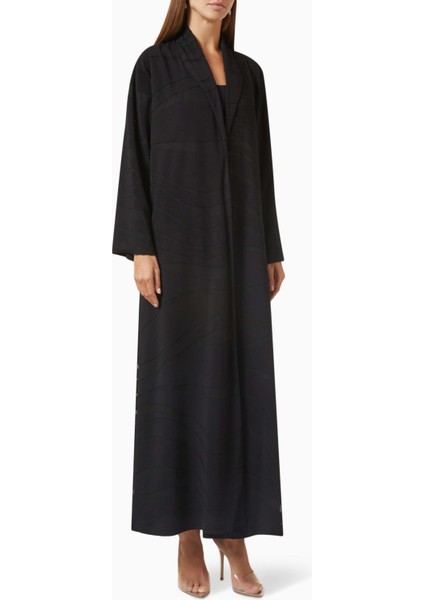 Şık ve Rahat Self-Stripe Tasarımlı Abaya Uzun Kol Açık Ön Modest Siluet