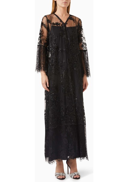 Botanik Boncuk Süslemeli Organze Abaya ile Şıklığı Yakalayın