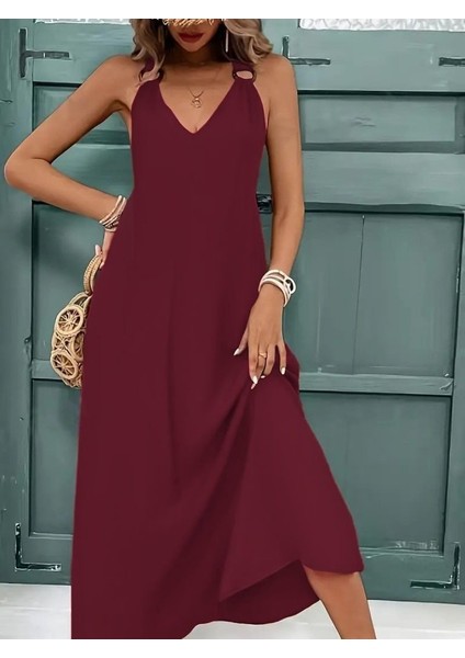 Kadın Askılı V Yakalı Halka Detaylı Maksi Boy Viskon Elbise 2xl-3xl-Bordo
