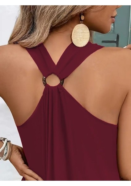 Kadın Askılı V Yakalı Halka Detaylı Maksi Boy Viskon Elbise 2xl-3xl-Bordo modelleri